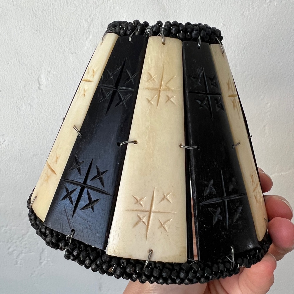 Vintage Small Carved Bone beaded Lamp Shade black cream white striped clip-on